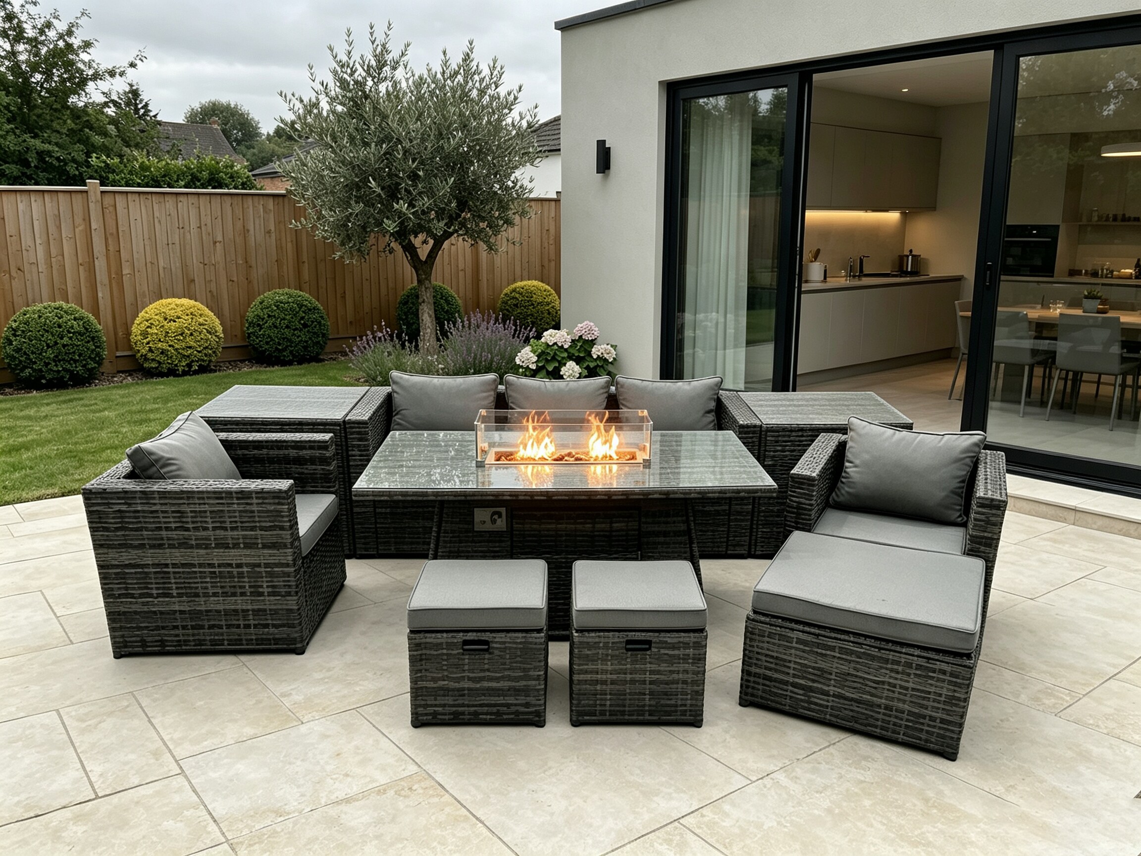 Fimous Wicker PE Rattan Garden Furniture Set Gas Fire Pit Dining Table Gas Heater Burner With 2 Armchairs 2 Side Tables Footstools 8 Seater Dark Grey