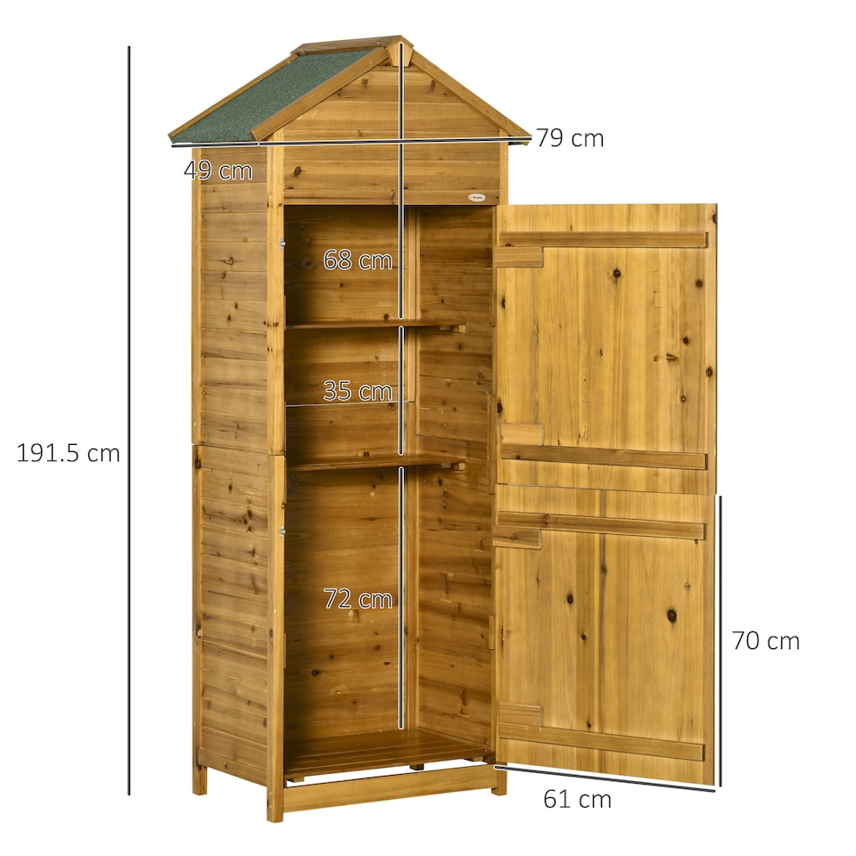 image 1 of Outsunny Wooden Garden Storage Shed Utility Gardener Cabinet w 3 Shelves, Tiltedfelt Roof and Two Lockable Doors, 79cm x 49cm x 191.5cm, Natural wood effect