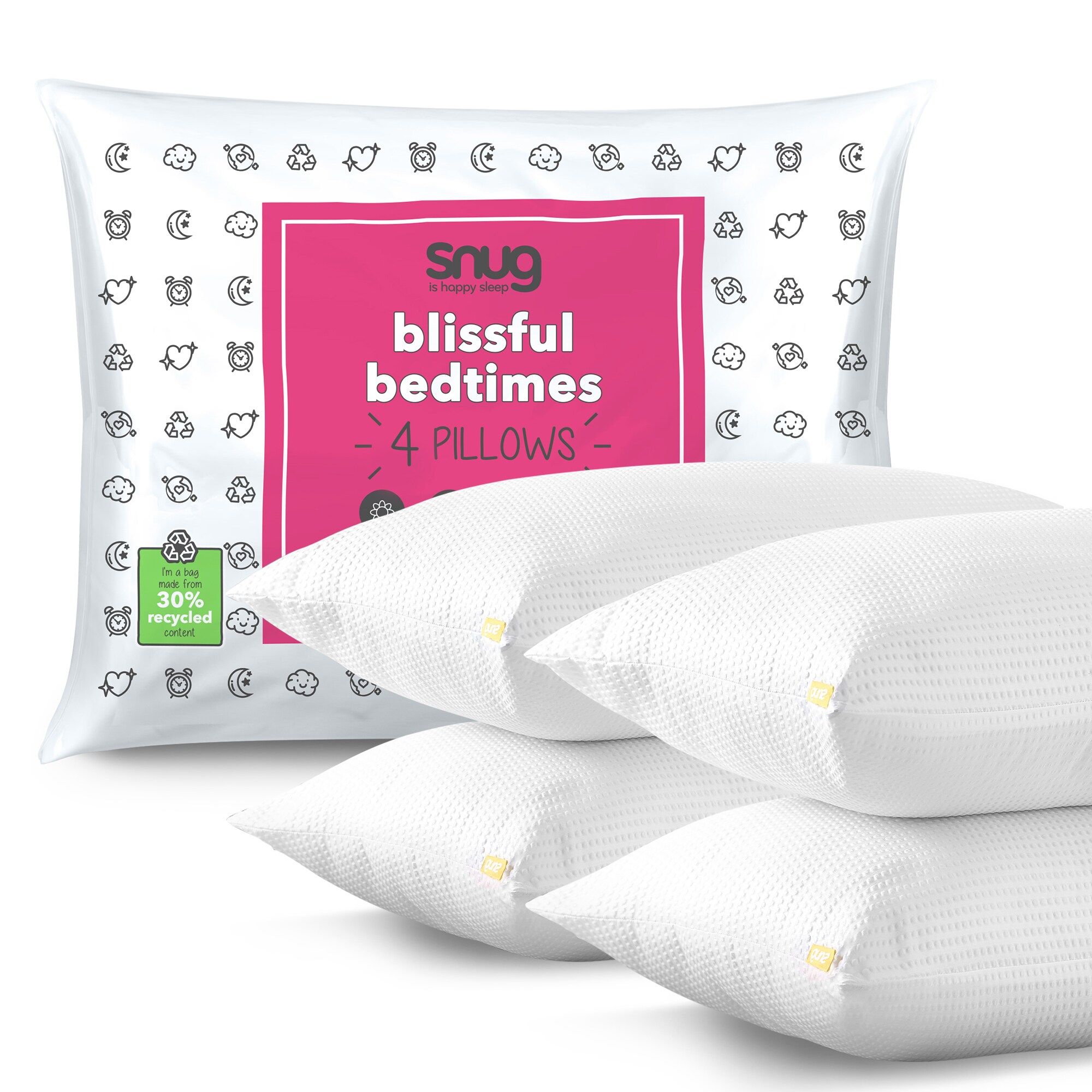 Snug Blissful Bedtime Bed Pillows, Hypoallergenic, Soft Medium Support, 4 Pack