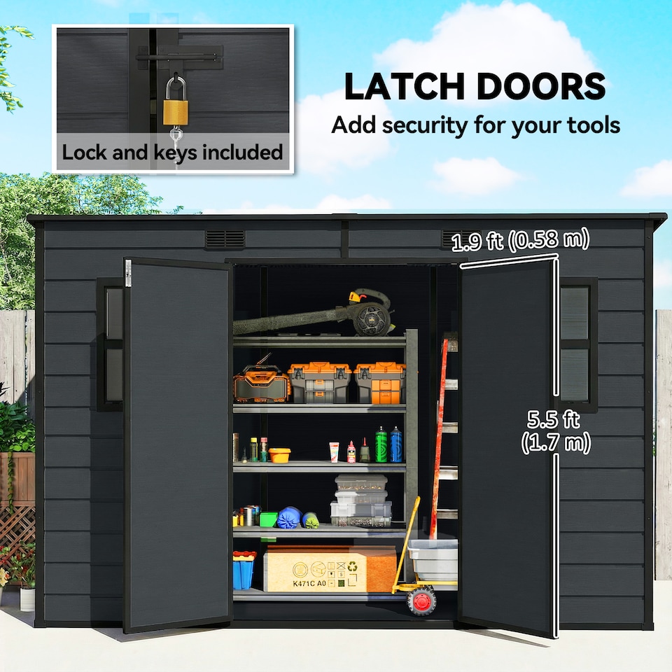 image 1 of Outsunny 10 x 4 ft Plastic Garden Shed with Floor, Lockable Doors Dark Grey | Grey | Dark Grey