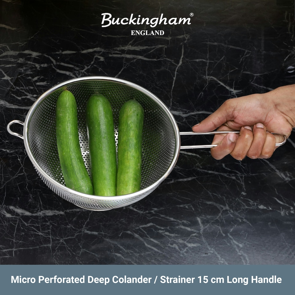 image 1 of Buckingham Stainless Steel Micro-perforated Deep Colander / Strainer 22.5 cm Long Handle