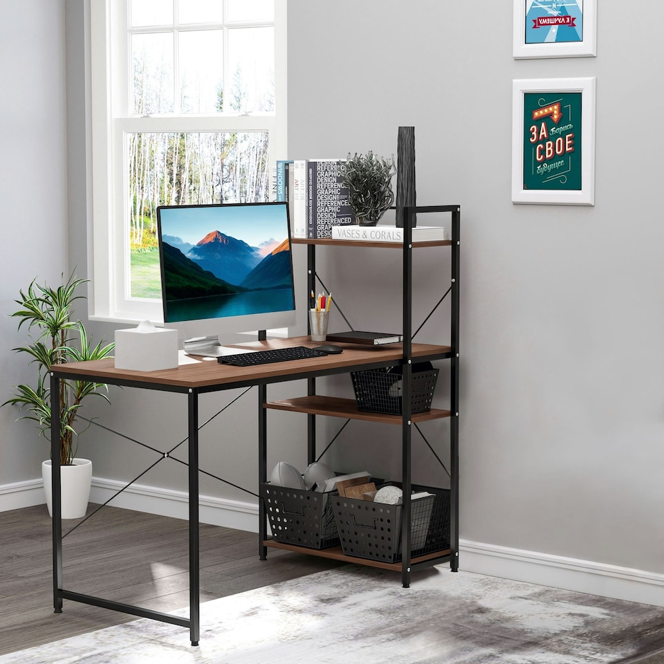 image 1 of HOMCOM Computer Desk Laptop Table w/4-tier Bookshelf Metal Frame Walnut, Black