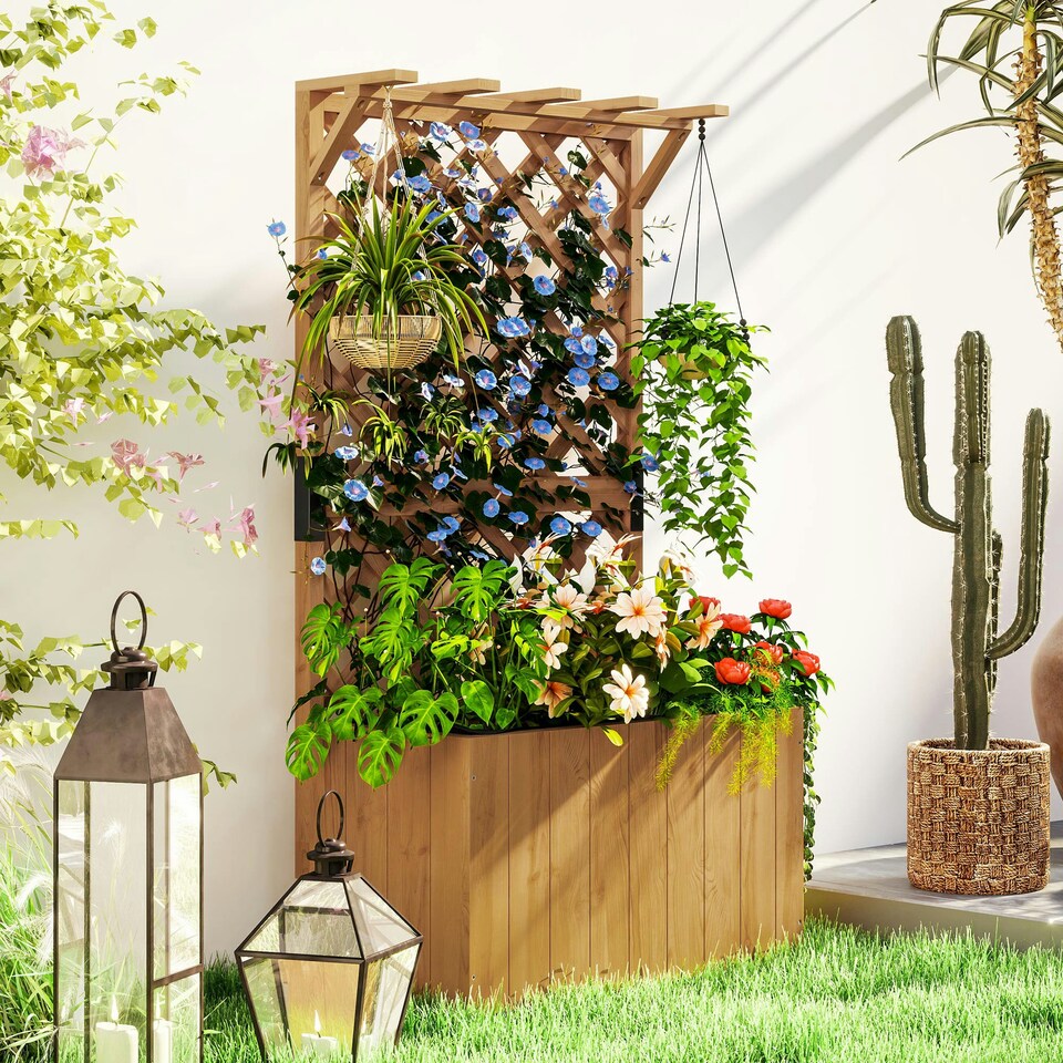 image 1 of Outsunny Wooden Planter with Trellis and Drainage Holes Yellow