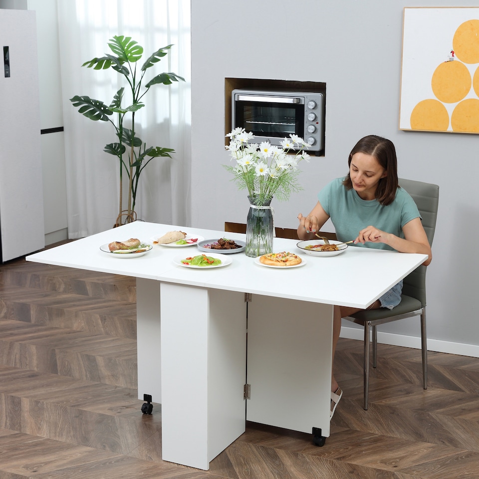 image 1 of HOMCOM Folding Dining Table, Drop Leaf Table with 2-Tier Shelves, Rolling Casters, for Small Spaces, Kitchen, White