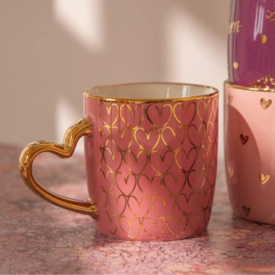 image 1 of Luxury Heart Handle Ceramic Mug 350ml with Gold Detail and Romantic Print | Pink | Magneta | 350ml | 1