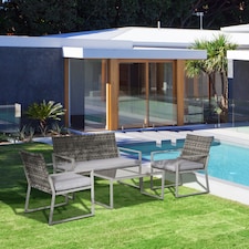 Outsunny 4PC Rattan Garden Furniture Set 2 Single Sofa Arm Chairs 1 Bench with Cushions & Coffee Table Patio Backyard Wicker Weave