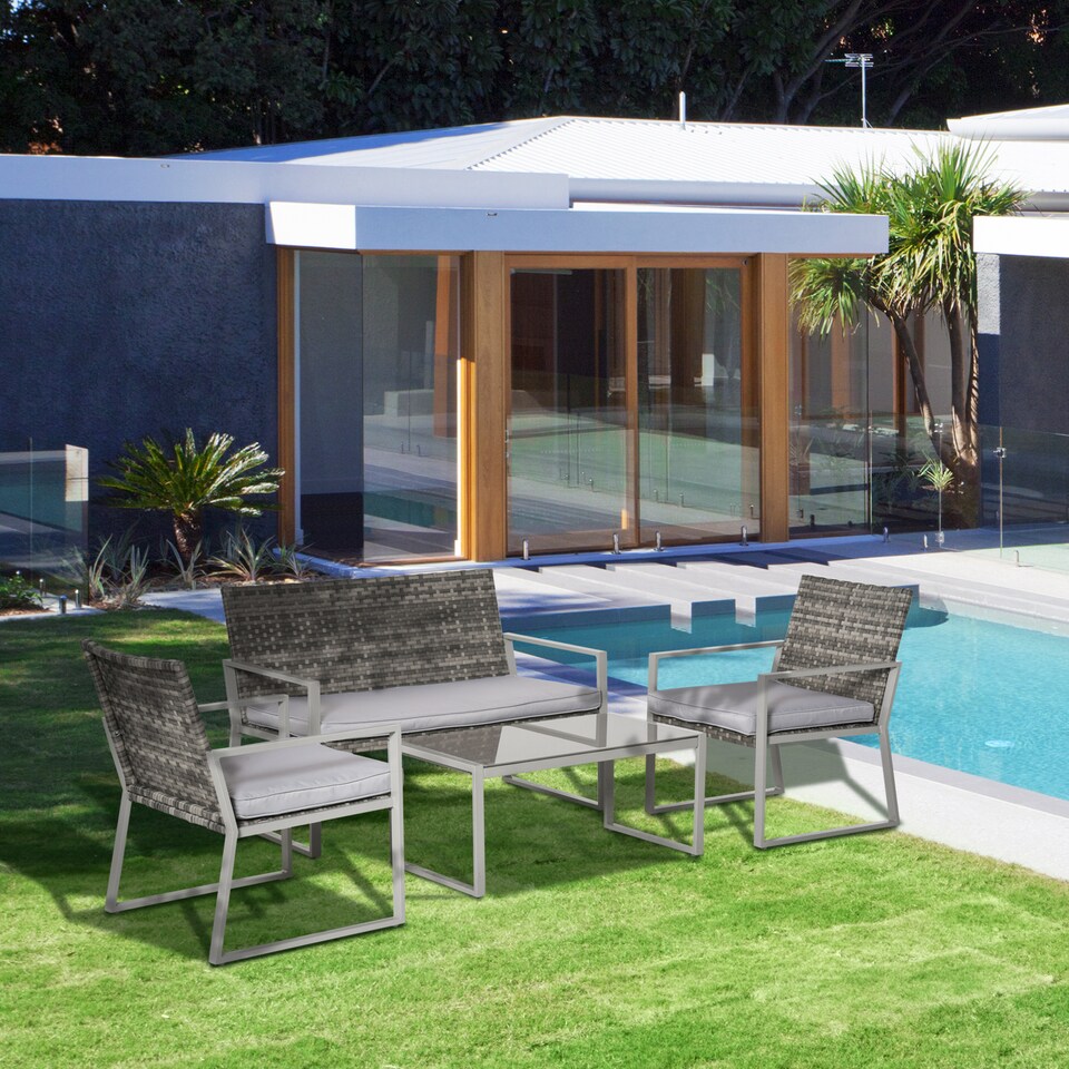 image 1 of Outsunny 4PC Rattan Garden Furniture Set 2 Single Sofa Arm Chairs 1 Bench with Cushions & Coffee Table Patio Backyard Wicker Weave