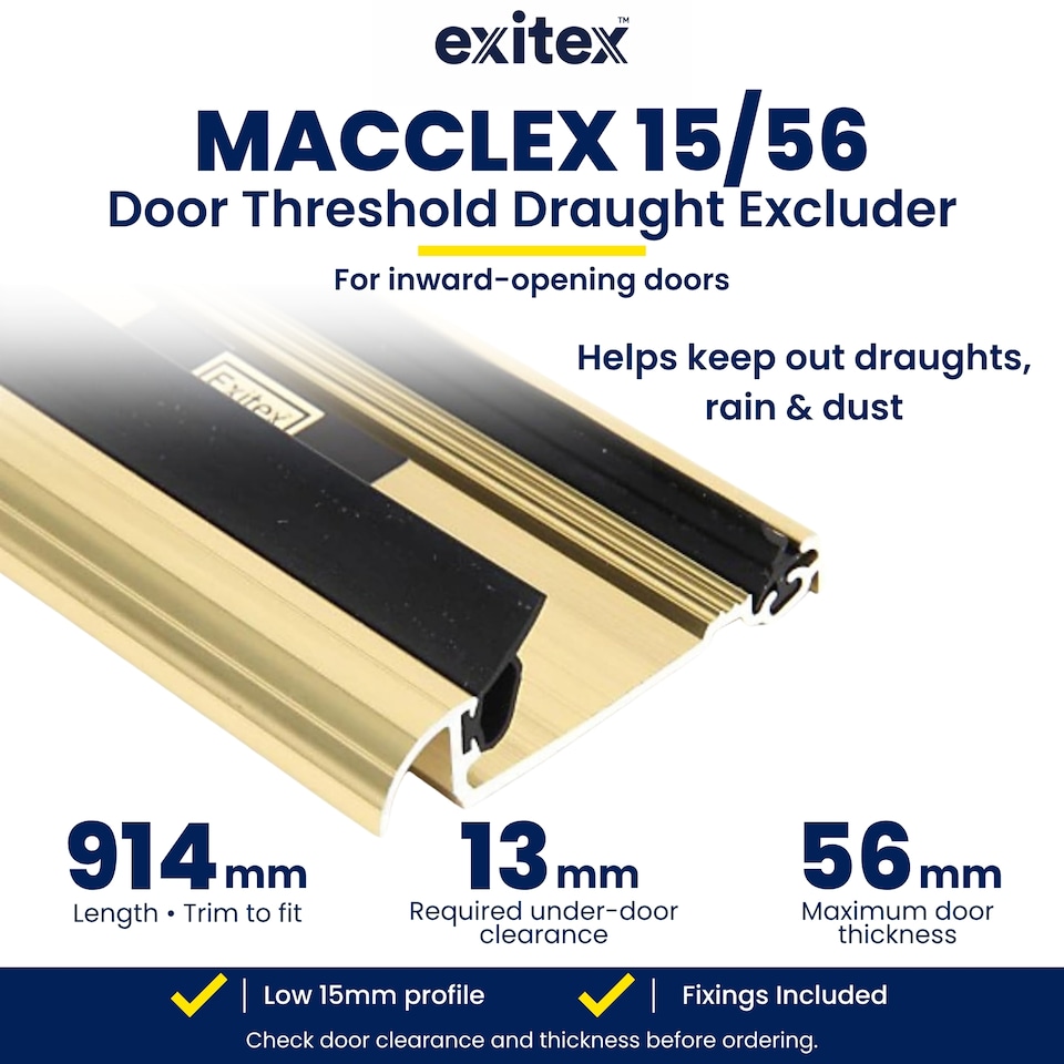 image 1 of Exitex Macclex 15/56 Aluminium Door Threshold Draught Excluder Cill for 56mm Doors, 914mm | Gold