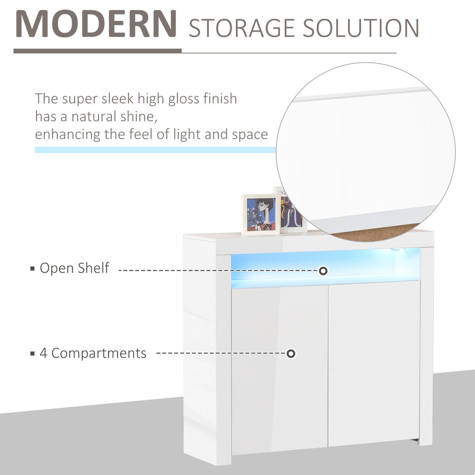 image 1 of HOMCOM 2-Door Sideboard with LED Light, High Gloss Lighted Storage Cabinet with Shelves and Open Compartment, Modern Kitchen Sideboard for Dining Room, Living Room, 107 x 35 x 97cm, White