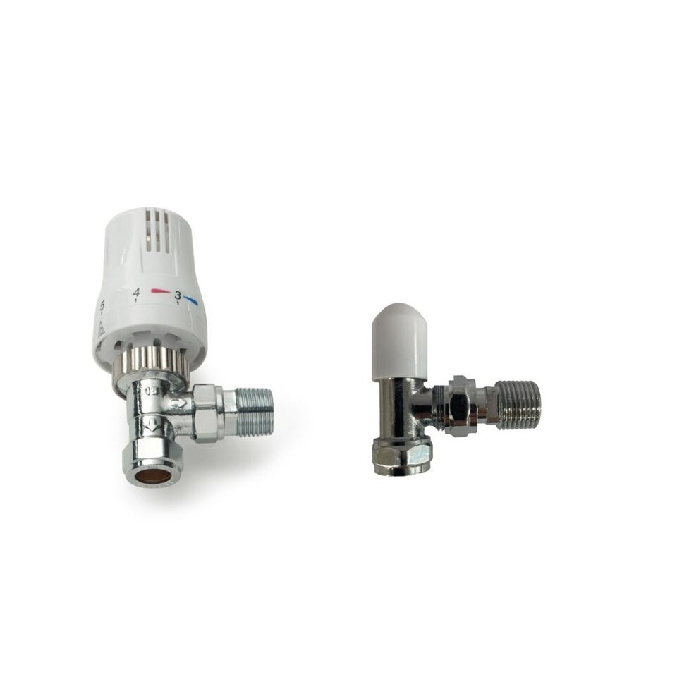 Kartell Brass Angled Radiator Valve (Pack of 2) | White | White/Chrome | 15mm | 1
