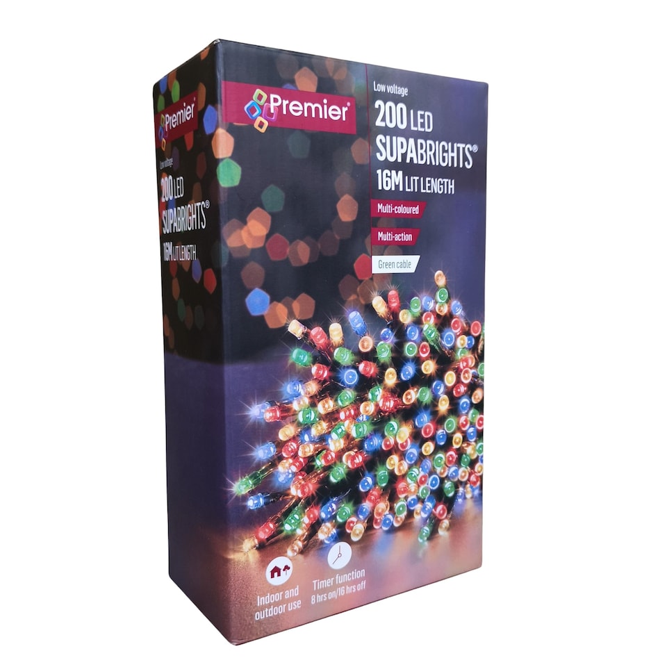 image 1 of 200 LED 16m Indoor Outdoor Christmas Multi Function Mains Operated String Lights with Timer in Multicoloured