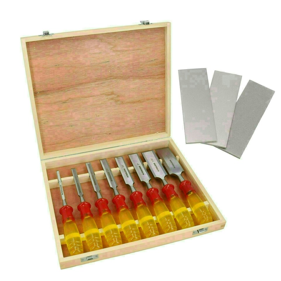 image 1 of 8pc Wood Chisels Woodworking Set 1/4" - 1-1/2" + 3pc Diamond Whetstones