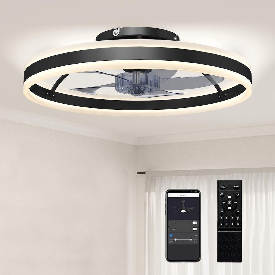 image 1 of HOMCOM Ceiling Fan with Light and Remote, 3 Colour Temperatures, 50cm | Black | Black, Transparent | 50 x 50 x 13.5 cm