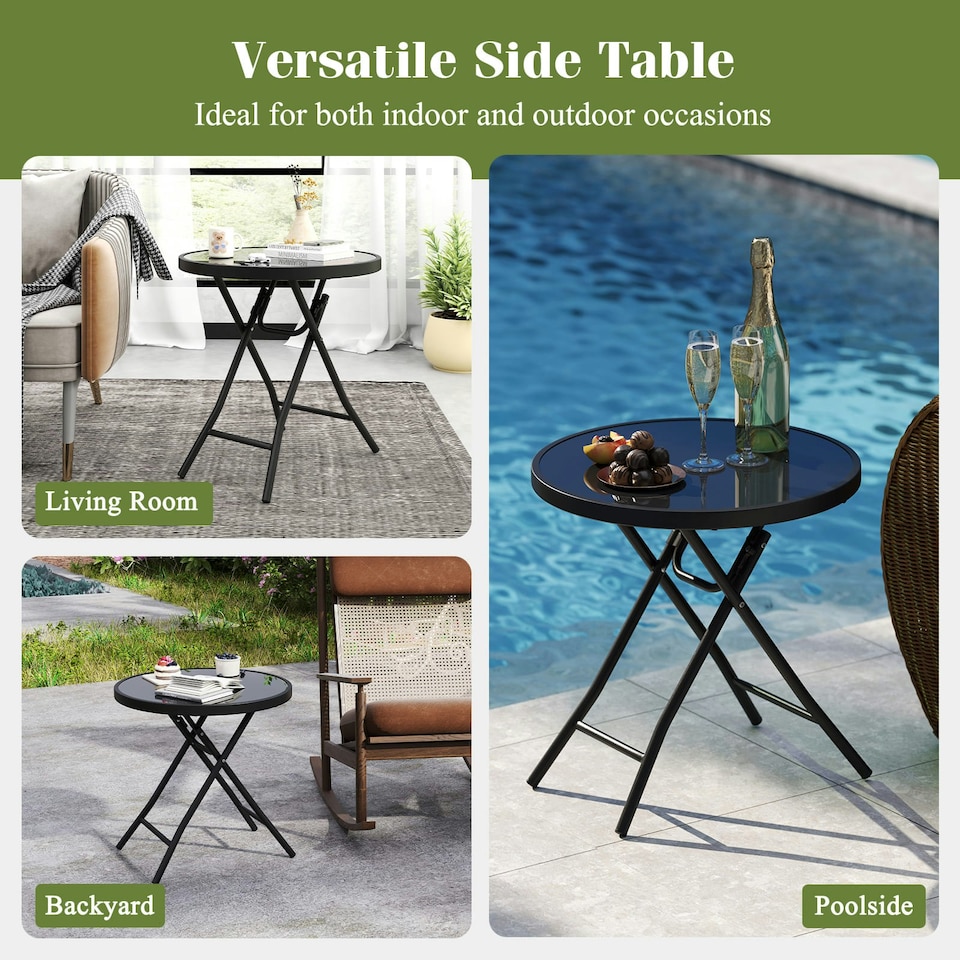 image 1 of COSTWAY Folding Glass Table Portable Patio Coffee Table Black