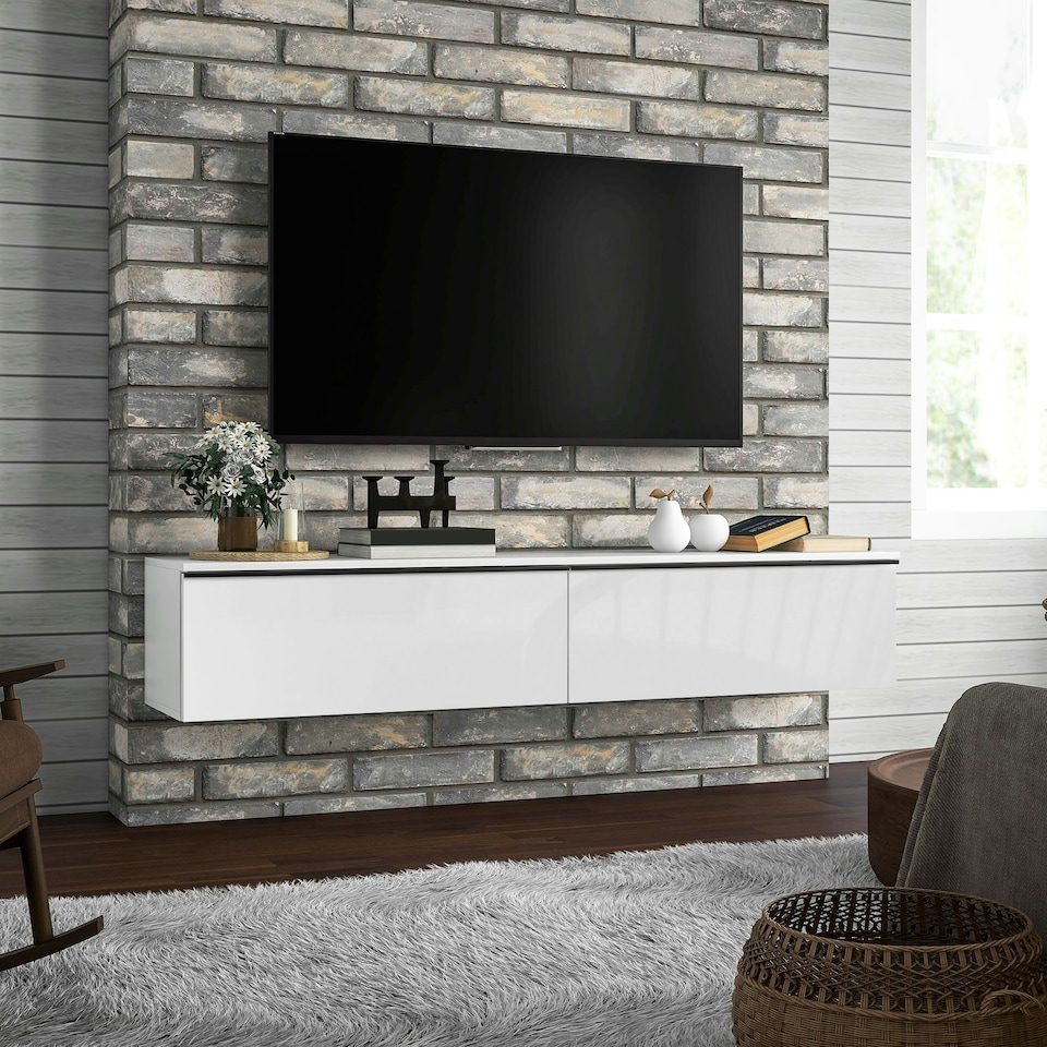 image 1 of HOMCOM Wall Mounted TV Stand Unit with Storage and High Gloss Effect, Black