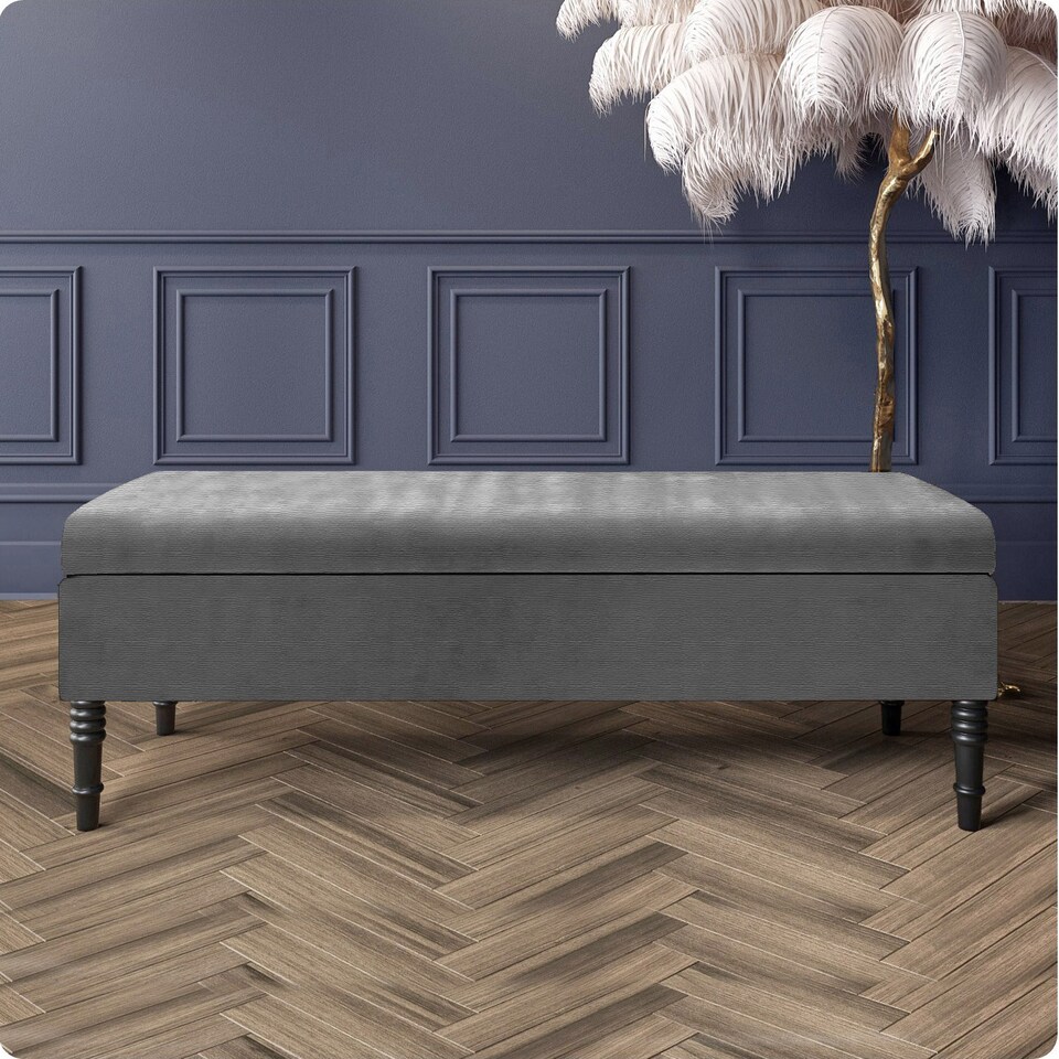 image 1 of 90cm Safar Plain Ottoman Storage Bench -Naples Shoes Bench with Black Turned Wooden Legs - Dark Grey Upholstery Footstool Storage