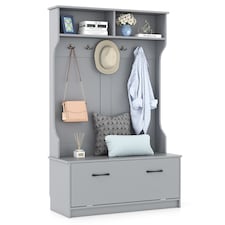 COSTWAY 3 in 1 Freestanding Hall Coat Rack Stand Shoe Bench Grey