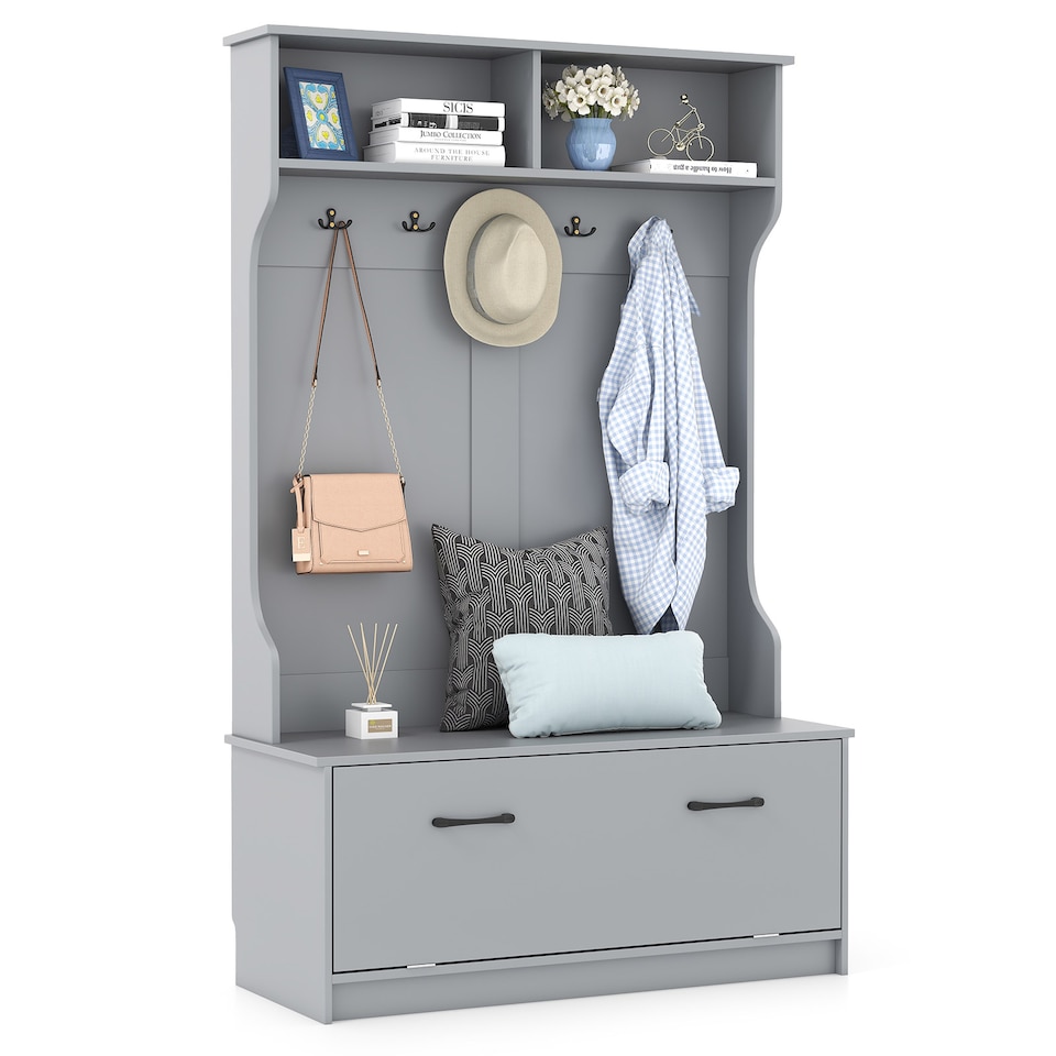 image 1 of COSTWAY 3 in 1 Freestanding Hall Coat Rack Stand Shoe Bench Grey
