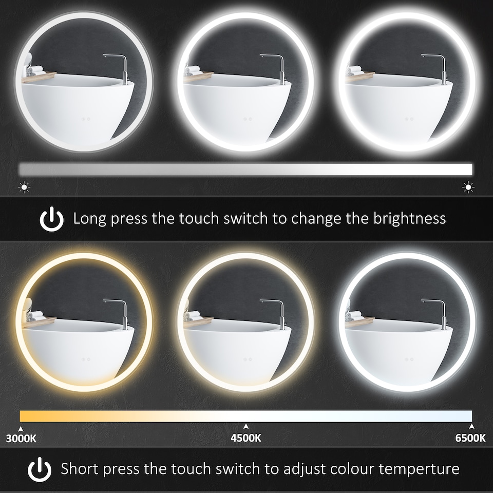 image 1 of kleankin Round Bathroom Mirror with LED Lights, Wall Mount Dimmable Makeup Mirror with 3 Temperature Colours, Defogging Film and Memory Function