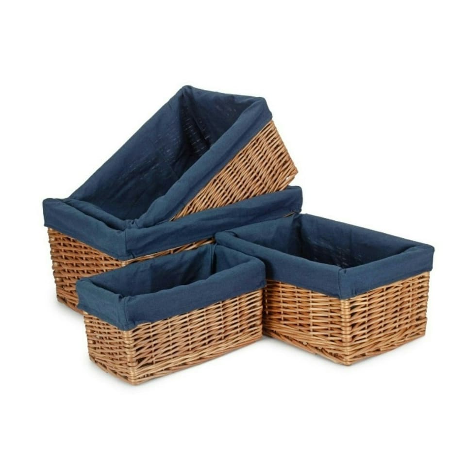 image 1 of Double Steamed Navy Cotton Lined Willow Storage Baskets Blue | S