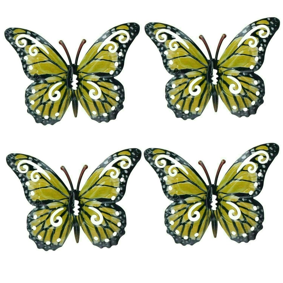 image 1 of Set of 4 Yellow Small Metal Butterflies Garden/Home Wall Art Ornament