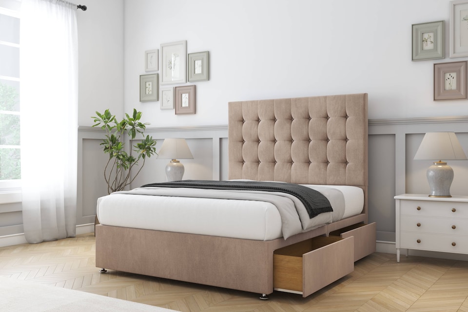 image 1 of Sloomy Alabama Mink Naples Divan Bed Base No Drawers With 26 Inch Strutted Headboard | Brown | Mink | Small Double | 1