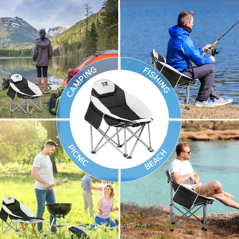 image 1 of Get Fit Moon Camping Chair - Portable Outdoor Premium Folding Chair With Magazine Pocket, Cup Holder & Carry Bag - Capacity 130Kg - 2 Pack | Grey | 2