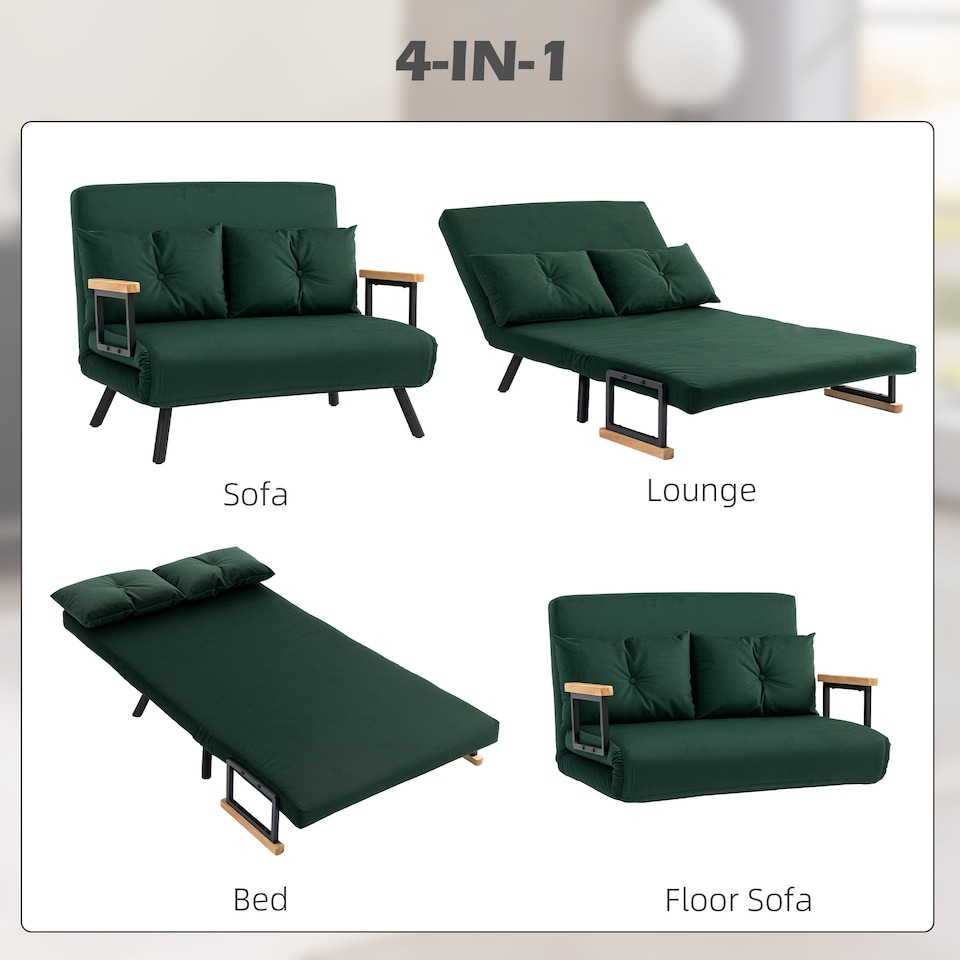 image 1 of HOMCOM 2 Seater Sofa Bed, Click Clack Convertible Bed Settee, Modern Velvet Feel Fabric Sofa Couch with 2 Tufted Cushions, Wood Armrests for Living Room, Bedroom, Guest Room, Green | Green | green | One Size