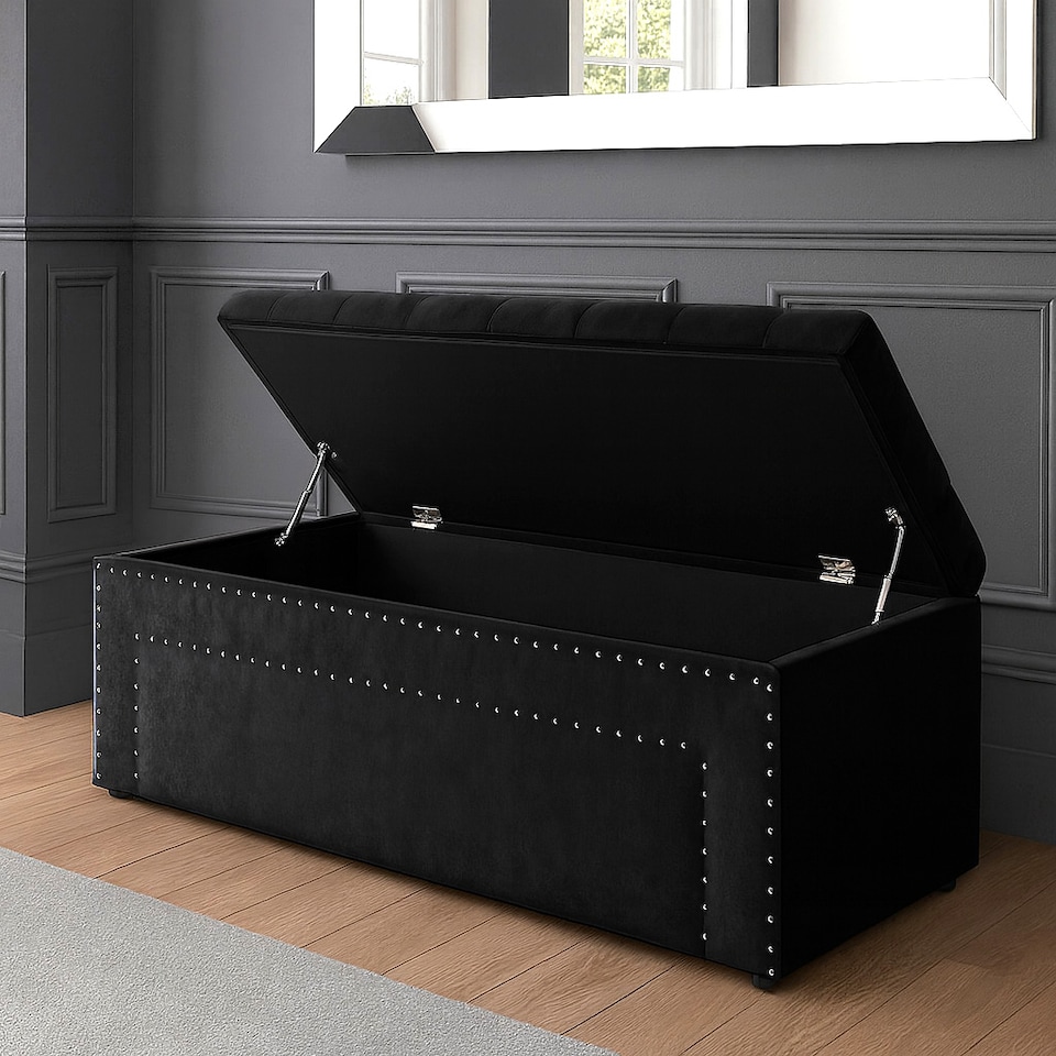 image 1 of 150cm Duke Ottoman Storage Box -Upholstered Blanket Box - Black Plush Velvet Multifunctional Storage Box