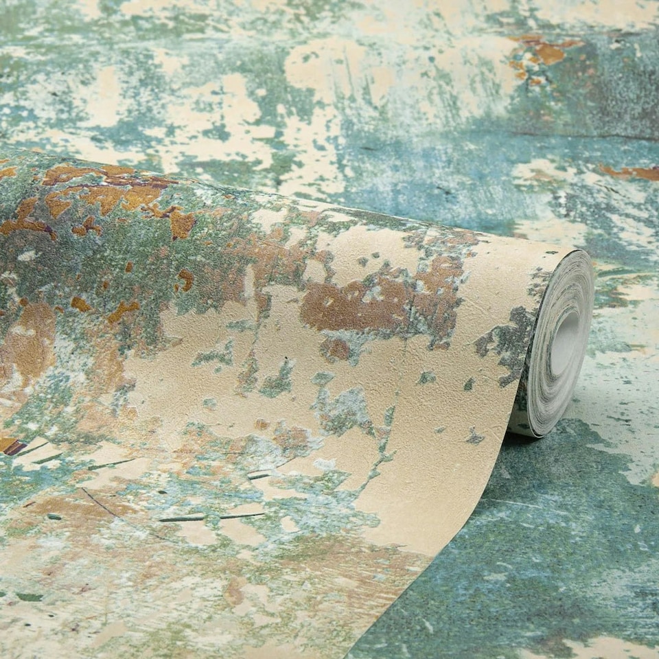 image 1 of Patina Concrete Effect Wallpaper in Teal and Ochre Multi
