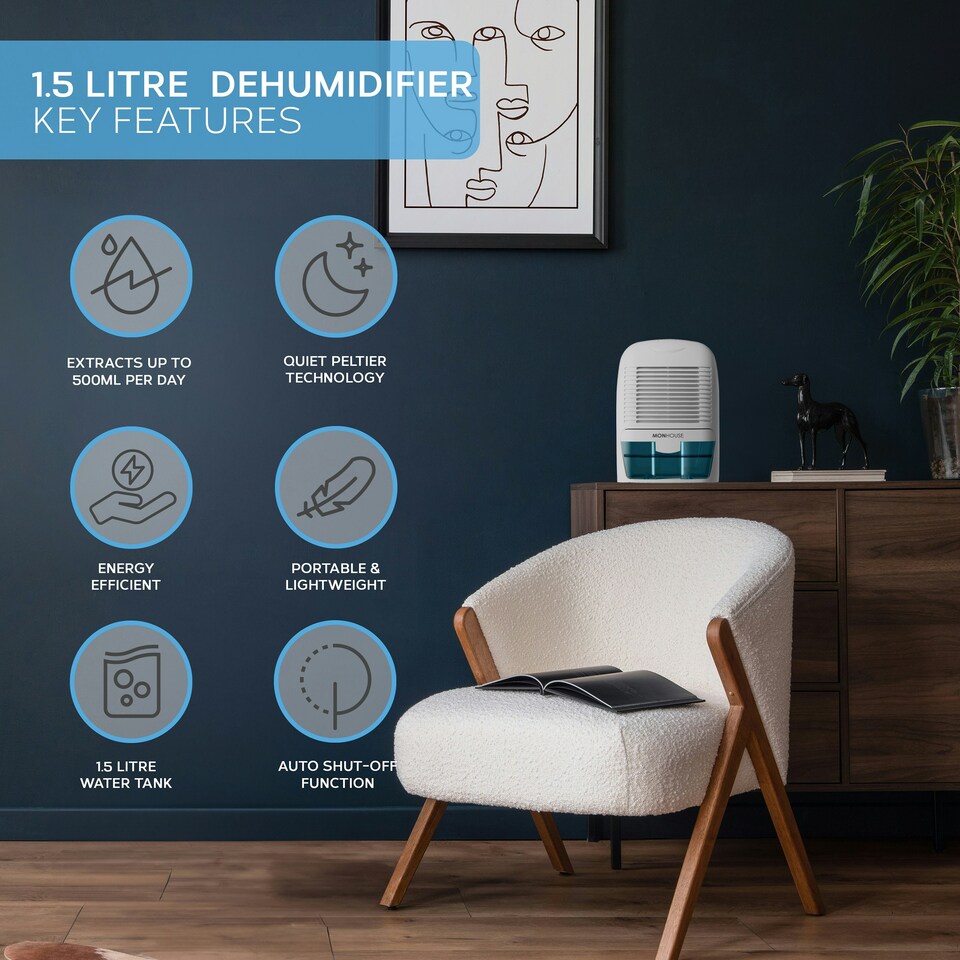 image 1 of MONHOUSE Dehumidifier 1500ml Portable, Compact & Quiet Moisture Absorber - Mini Air Dehumidifier for Home, Bedroom Damp - Electric Mould Remover - White/Blue