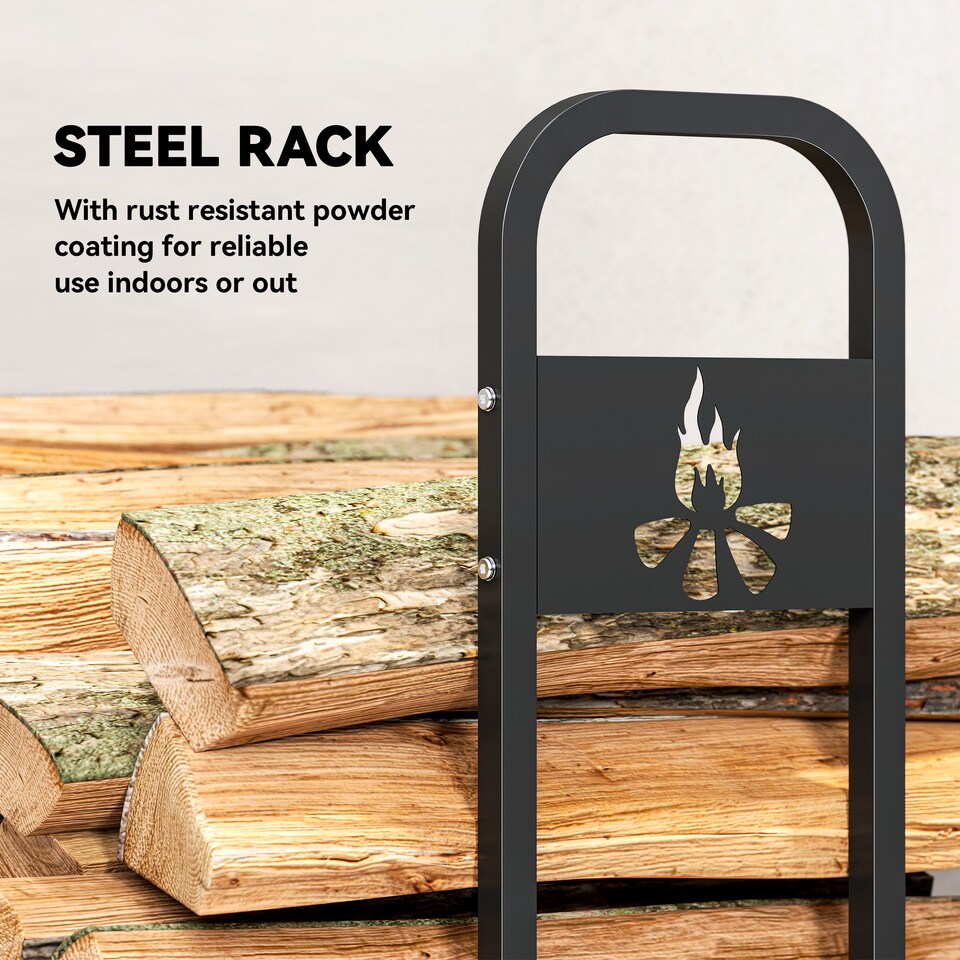 image 1 of Outsunny 6.5 FT Steel Firewood Log Rack with 300 kg Capacity, Heavy Duty Indoor Outdoor Fireplace Wood Storage Shelf, Log Holder/Stand with Extra Support Legs, Decorative Bonfire Pattern, Black