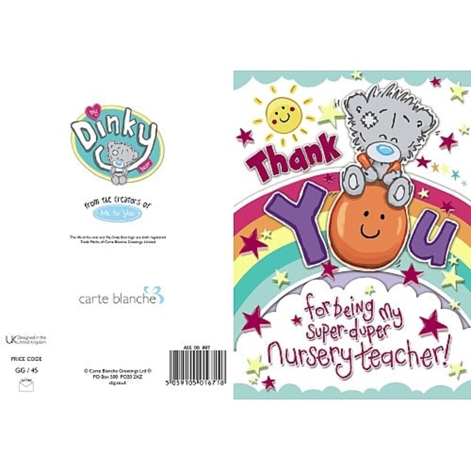 image 1 of Me To You Bear Thank You Nursery Teacher My Dinky Card