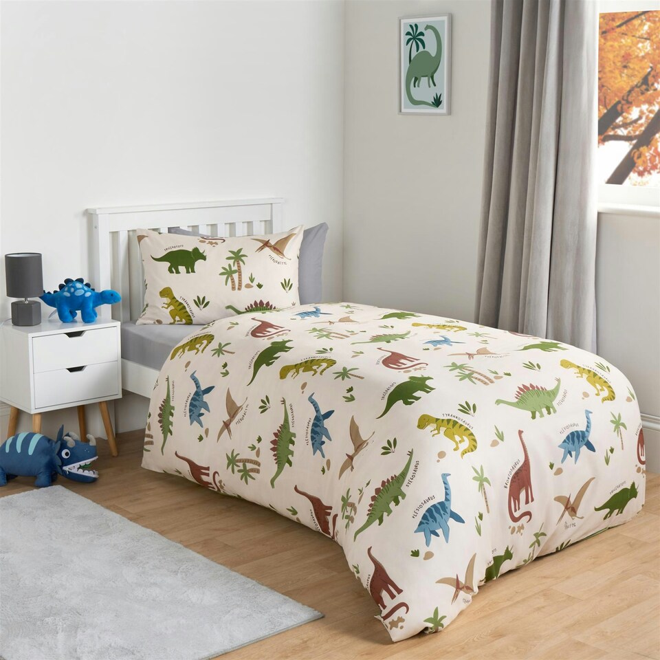 image 1 of OHS Dino Reversible Print Duvet Cover and Pillowcase Set, Junior - Green