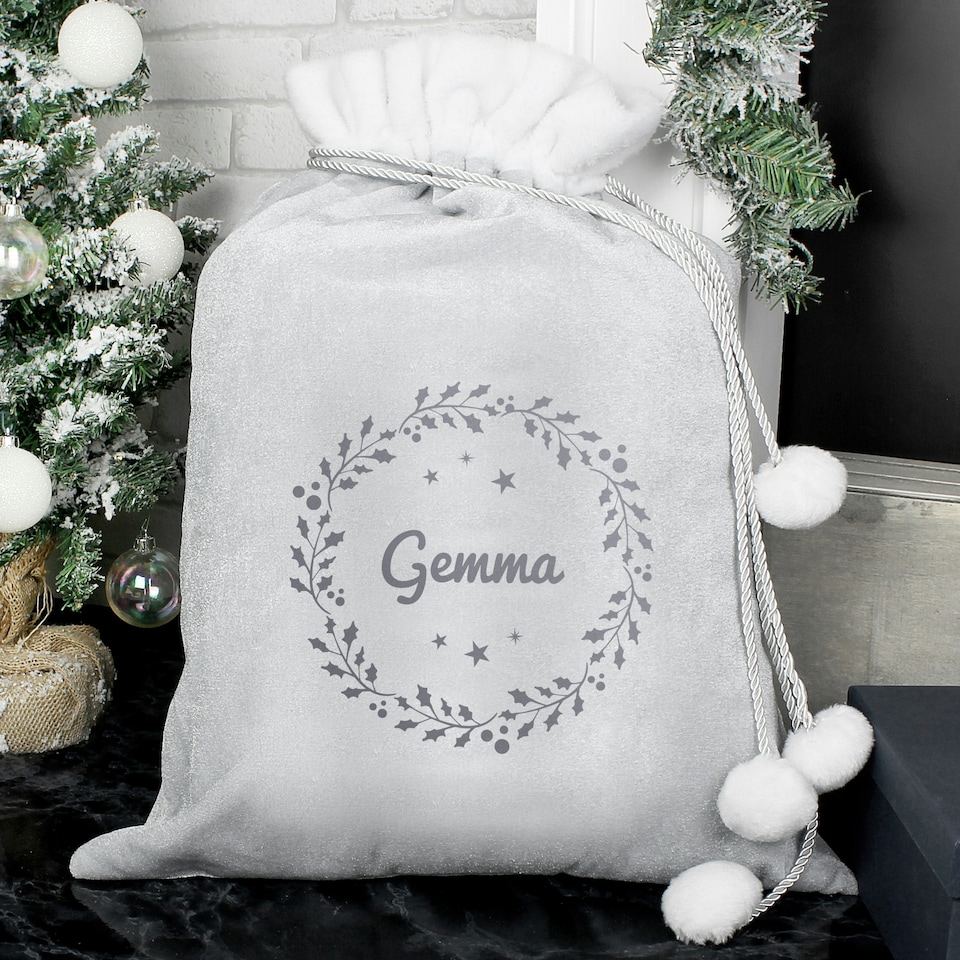 image 1 of Personalised Holly Grey Christmas Sack
