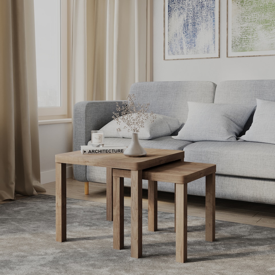 image 1 of URBNLIVING Square Wooden Nesting Stacking Tables Set Of 2 | Multi | Oak | 2