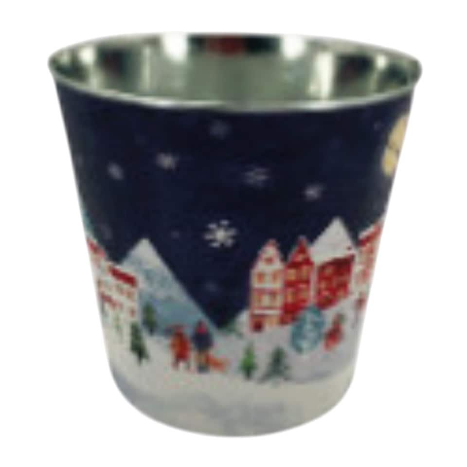 image 1 of Large Blue Christmas Village Scene Decorative Metal Pot Planter 23cm