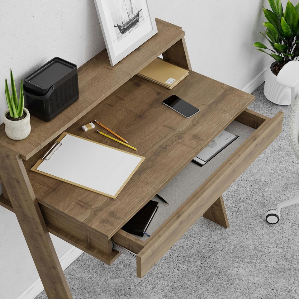 image 1 of Cowork Modern Desk Dark Oak Wall Mounted With Drawer 94cm Wide Brown
