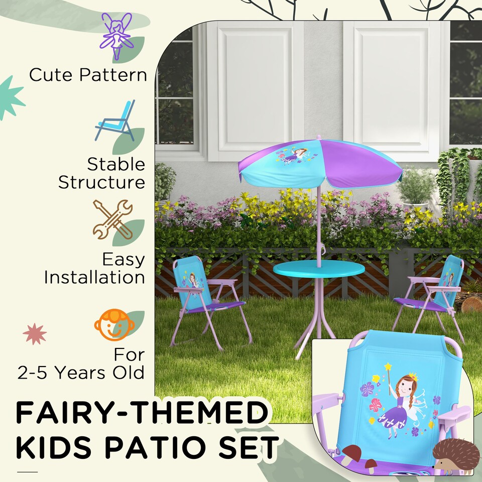 image 1 of Outsunny Kids Bistro Table and Chair Set w Fairy Theme, Adjustable Parasol