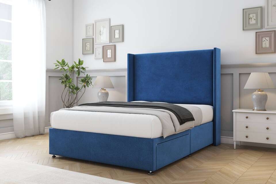 image 1 of Sloomy Devonshire Navy Plush Divan Bed Base 2 Drawers Foot-End With 54 Inch Wingback Headboard | Blue | Navy | Small Double | 1