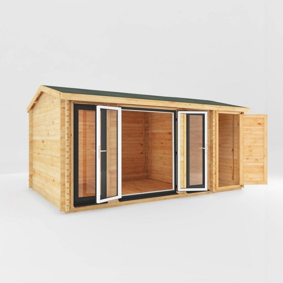 image 1 of 5.1 x 3 m Home Office Studio with Side Shed with White UPVC Windows and Doors - 44 mm Timber - L313.3 x W515.5 x H259.5 cm - Brown Brown