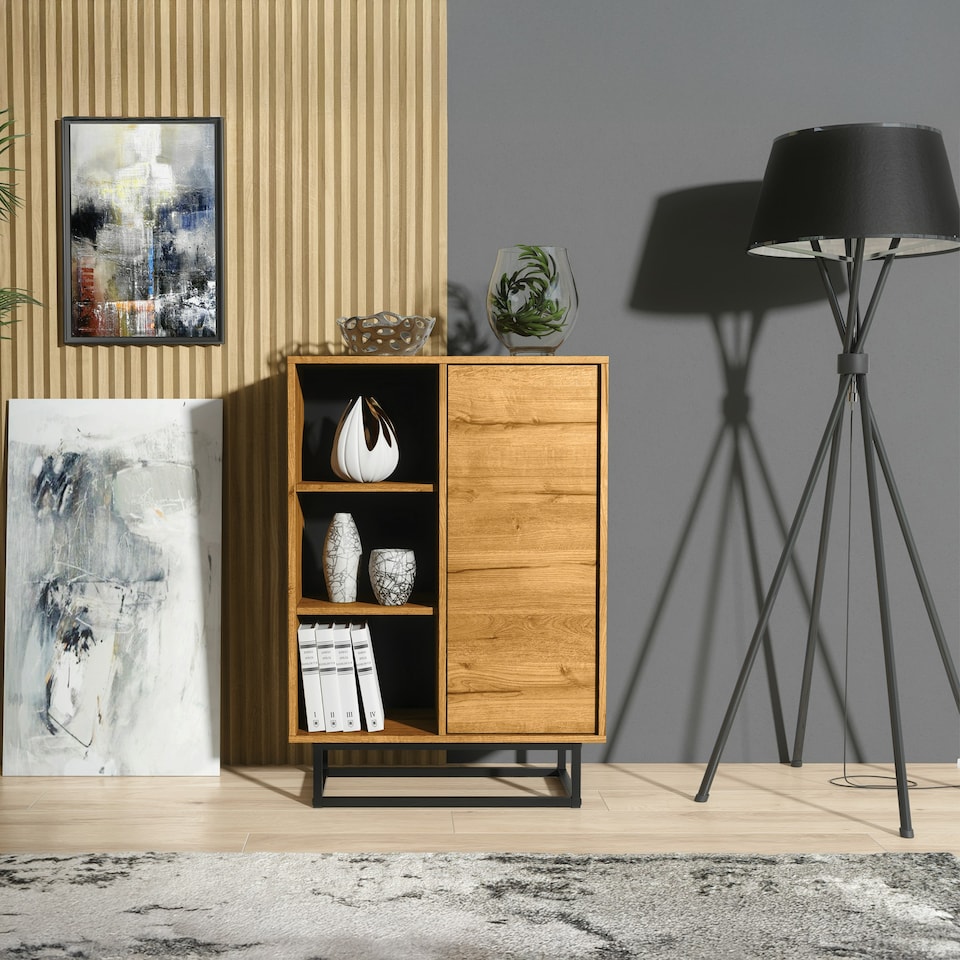 image 1 of Sideboard Cabinet 70cm – Oak Matt with Black Frame N/A | Oak