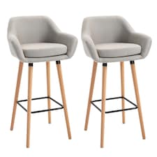 HOMCOM Set of 2 Bar Stools Modern Upholstered Seat Bar Chairs with Metal Frame, Solid Wood Legs Living Room Dining Room Fabric Furniture - Beige