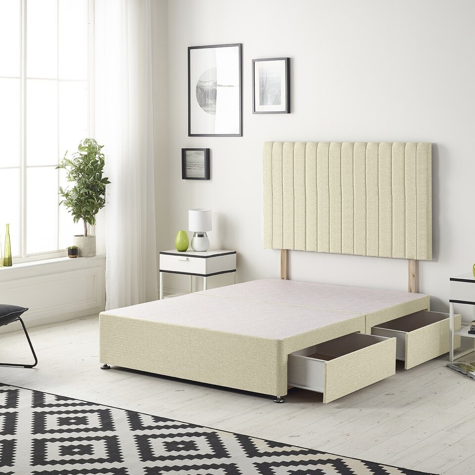 image 1 of Texas Divan Bed Base with 2 Drawers & 30 Inch Headboard Linen Fabric | Yellow | Beige