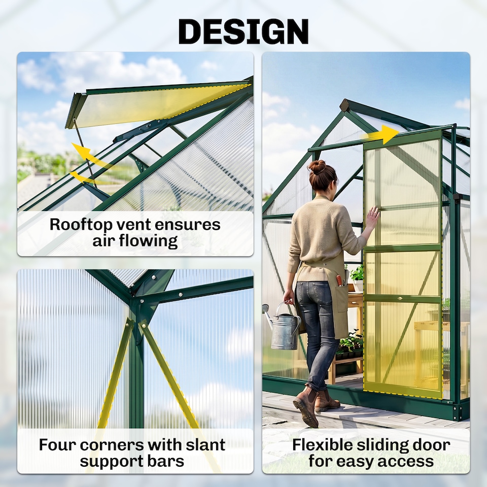 image 1 of Outsunny 6x8ft Walk-In Polycarbonate Greenhouse Plant Grow Galvanized Aluminium | Green | Dark Green | 190x252x201cm