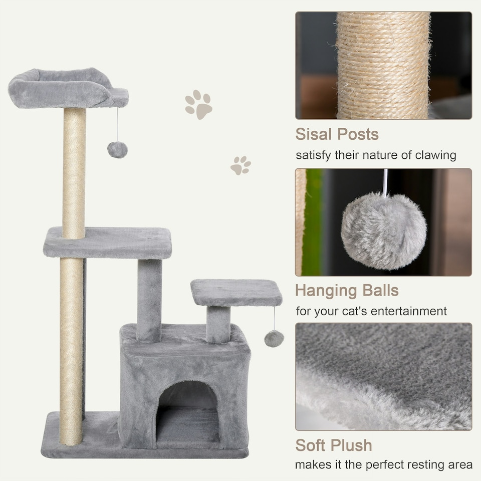 image 1 of PawHut Cat Tree Tower with Sisal Scratching Post Condo 114cm Light Grey