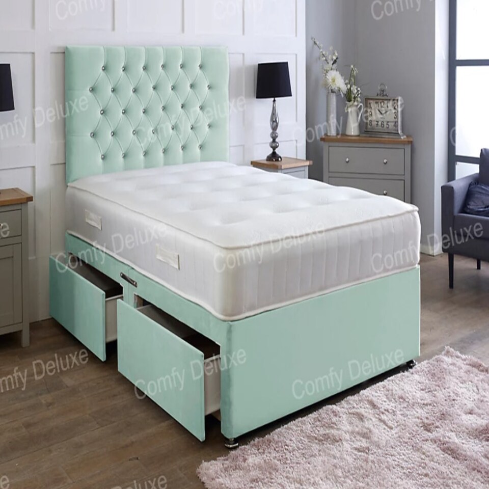6ft Superking Duck Egg Plush Velvet Divan Bed With Headboard & Memory Sprung Mattress 2 Drawers Same Side