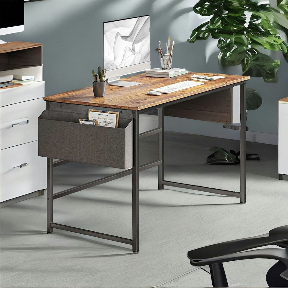 image 1 of Industrial Computer Desk With Storage Bag Brown