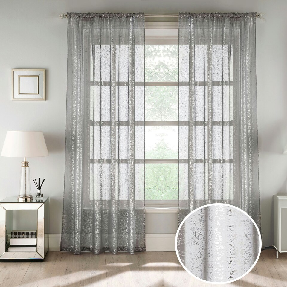 image 1 of Pair of Pandora Grey Metallic Print Voile Panels 229 cm (90 inch) Rod Pocket Panels for Bedroom and Living Room