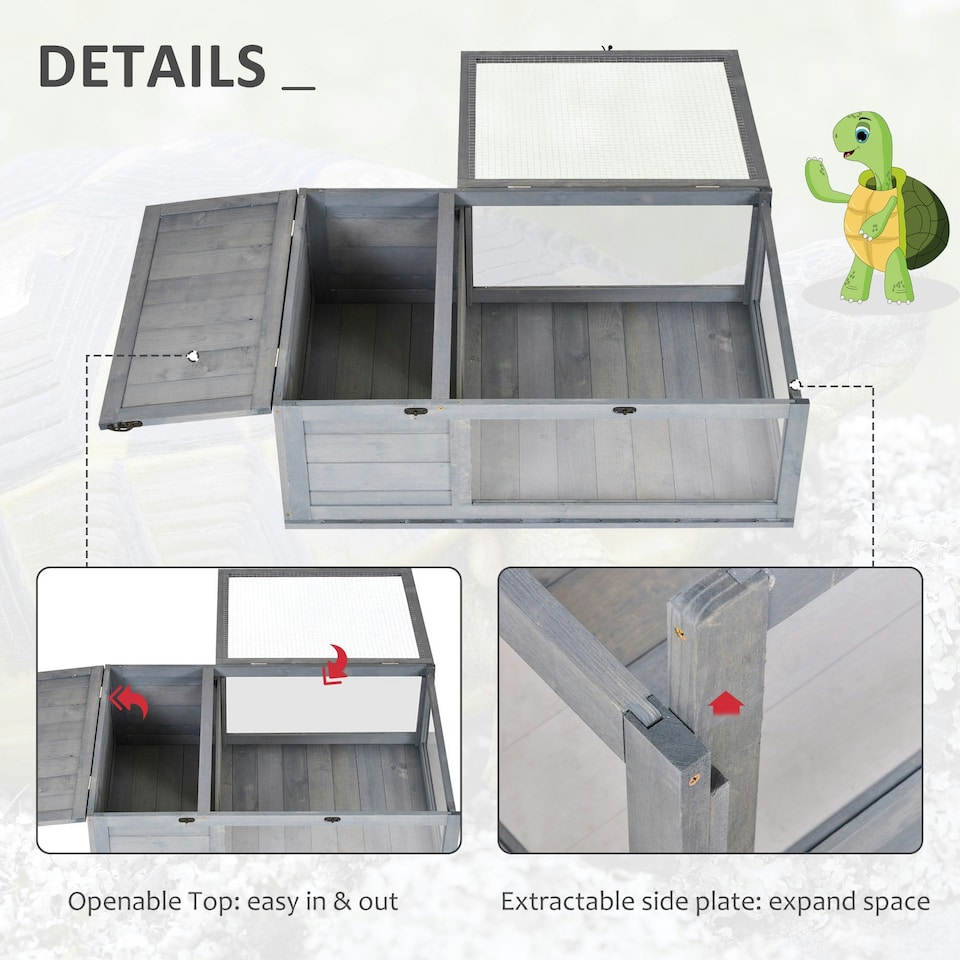 image 1 of PawHut Tortoise House w/ Mesh Roof, Small Pet Reptile Wooden House - Grey